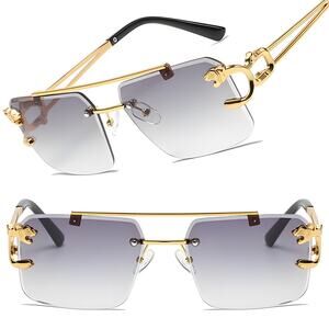 Panther Head Accents Luxe Light Gray Lens Mens Womens Gold Square Sunglasses